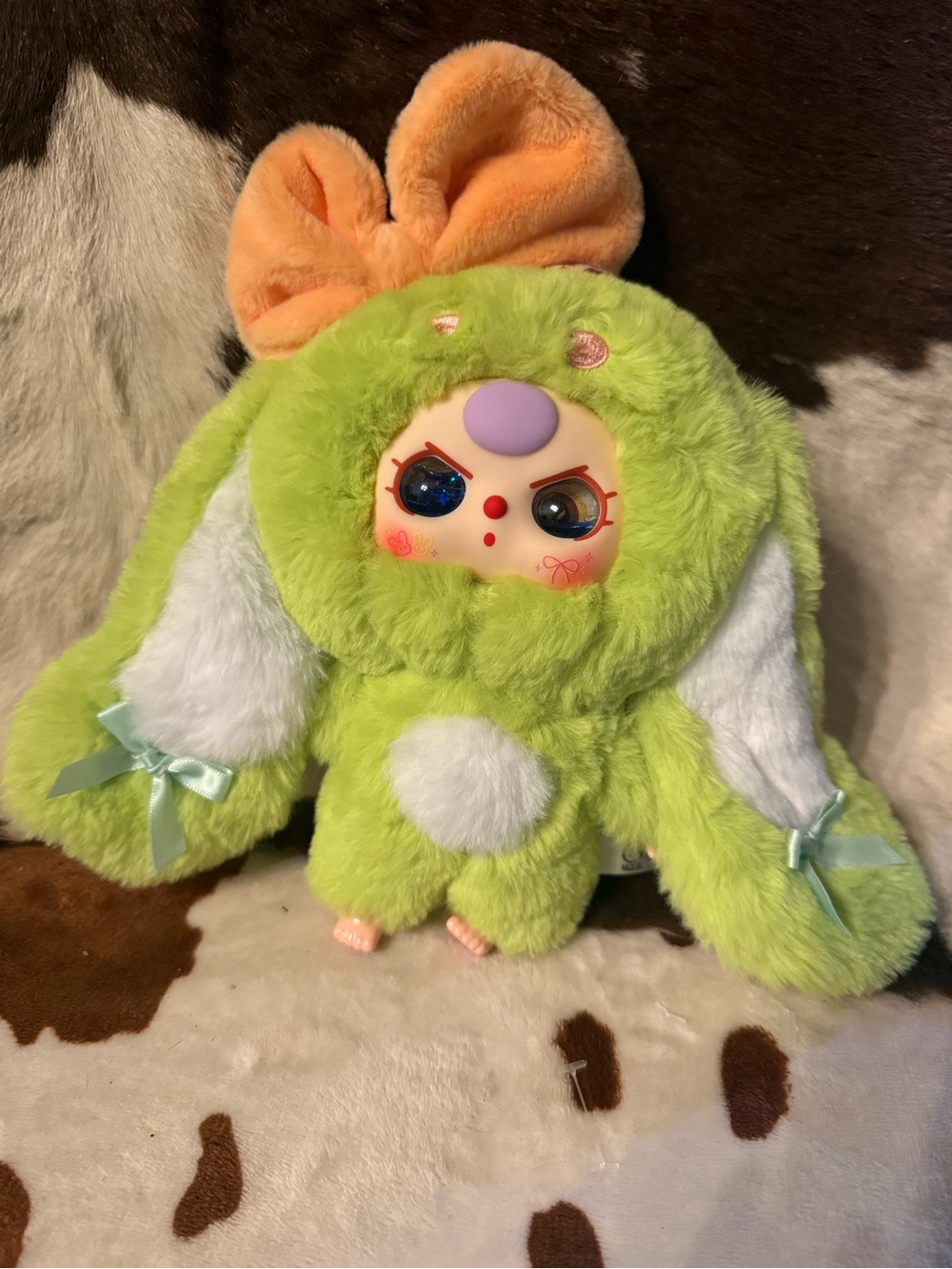 Plush Lime Green Bunny with Orange Bow - Cute Kids Stuffed Toy
